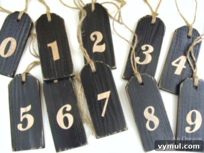 DIY Wood Tags: Three Projects for Gifting, Decorating, and Organizing 5 Distressed numbered wooden tags for home decor and organization