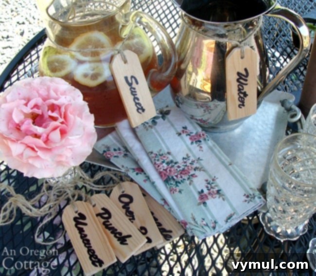 DIY Wood Tags: Three Projects for Gifting, Decorating, and Organizing 8 Beverage wood tags on pitchers for stylish drink labeling
