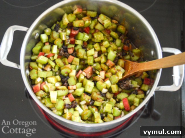 Spicy Rhubarb Chutney: Sweet Heat for Your Shelf 5 All ingredients for spicy rhubarb chutney combined in a large pot, ready for cooking.