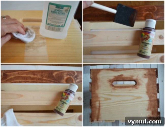 Four images showing the first steps of painting a DIY Christmas word art crate.
