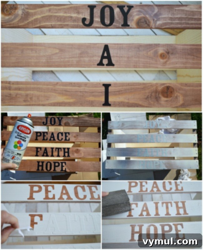 Four images showing word planning, sticker application, painting, and peeling stickers for a DIY Christmas word art crate.