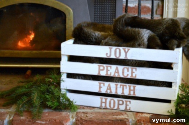 Close-up of the finished DIY Christmas Word Art Crate, highlighting the distressed letters and rustic paint finish.
