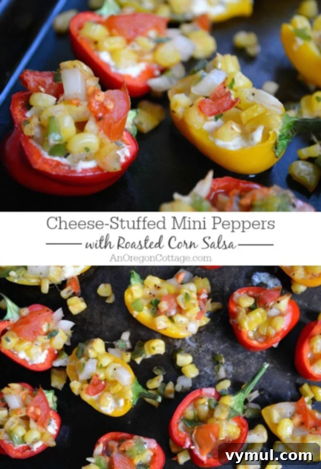 Blistered Mini Peppers with Creamy Cheese and Smoky Corn Salsa 2 Cheese-stuffed mini peppers with roasted corn salsa are a yummy, healthy appetizer option! Full of veggies and protein from cheese, these are a nice paleo choice for an appetizer buffet, too. Featuring vibrant mini bell peppers filled with creamy cheese and topped with smoky corn salsa.