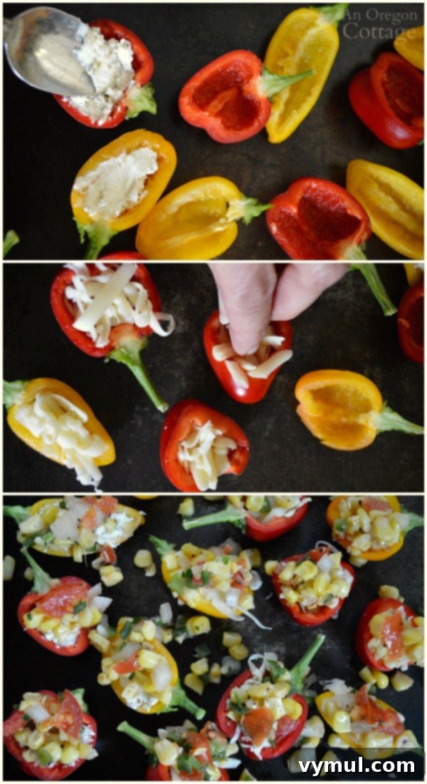 Blistered Mini Peppers with Creamy Cheese and Smoky Corn Salsa 4 Making Cheese-Stuffed Mini Peppers with Roasted Corn Salsa is easy with just a few ingredients - peppers, cheese, and corn salsa. Close-up showing cheese being spooned into pepper halves.