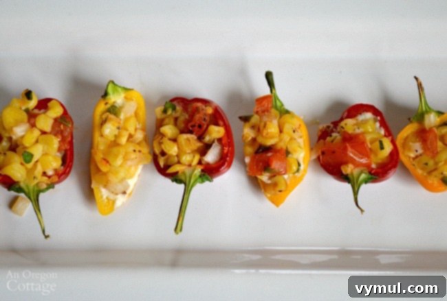 Blistered Mini Peppers with Creamy Cheese and Smoky Corn Salsa 6 Cheese-Stuffed Mini Peppers with Roasted Corn Salsa make a perfect light appetizer, ready to serve and enjoy.