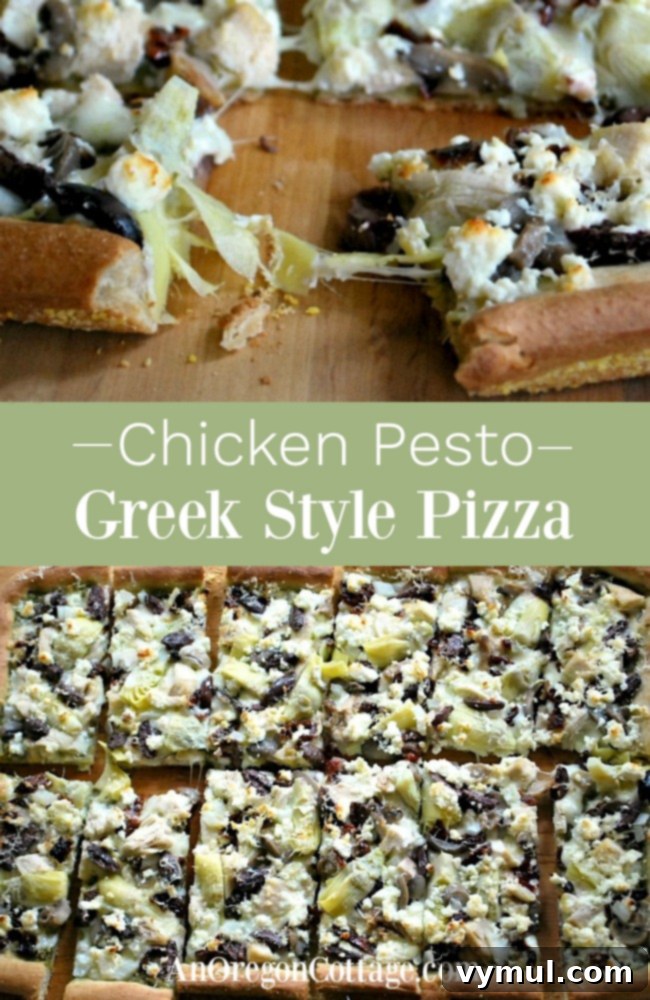 Pin for Homemade Chicken Pesto Greek Style Pizza with vibrant Mediterranean toppings
