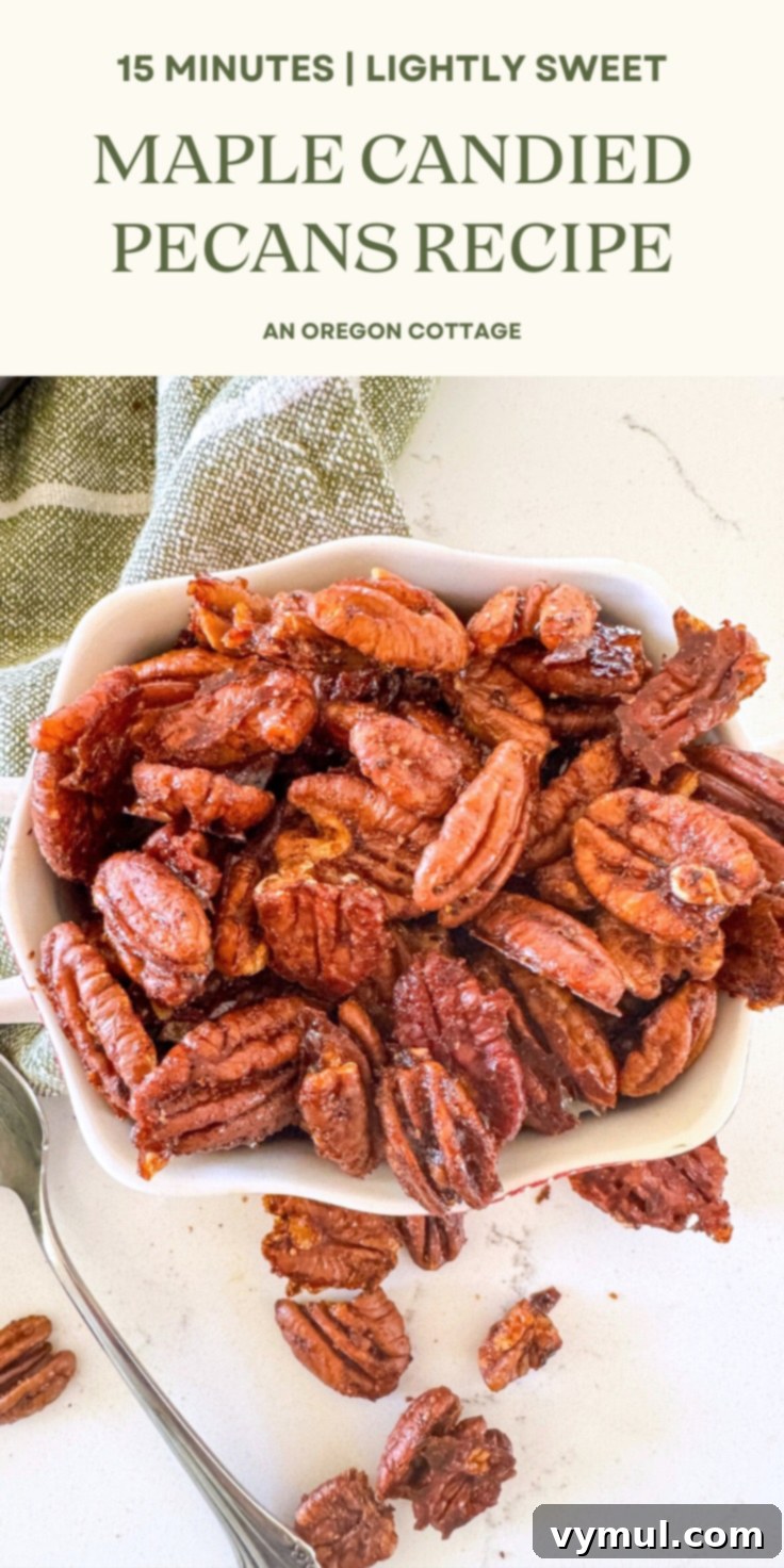 beautiful Pinterest image of maple candied pecans, perfect for sharing