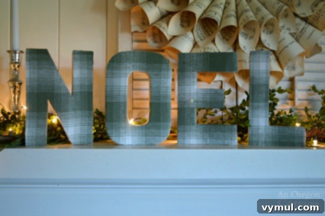 Plaid Fabric Wrapped Paper Mache Letters 3 DIY Plaid Paper Mache Noel Letters for Holiday Decor with White Lights