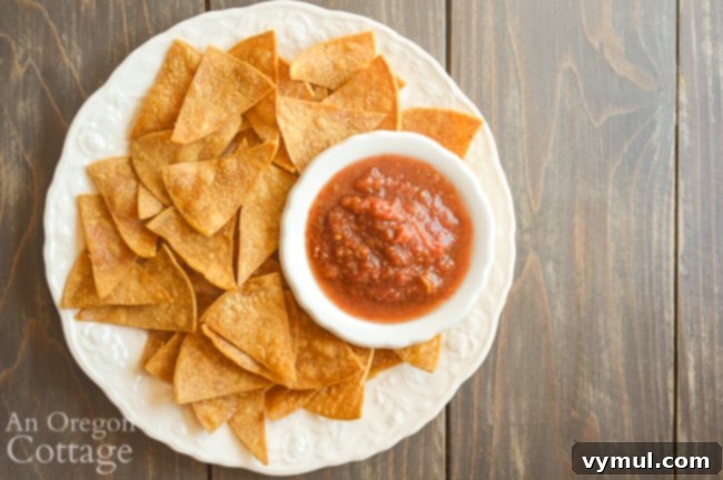Chips-close_blog Close-up of homemade baked tortilla chips arranged on a plate, ready for salsa.