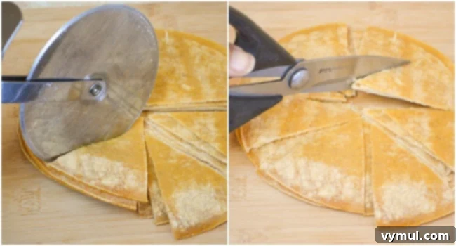 Homemade Crispy Tortilla Chips in Just 10 Minutes 3 Two different ways to cut corn tortillas for homemade chips: using a pizza cutter and kitchen shears.