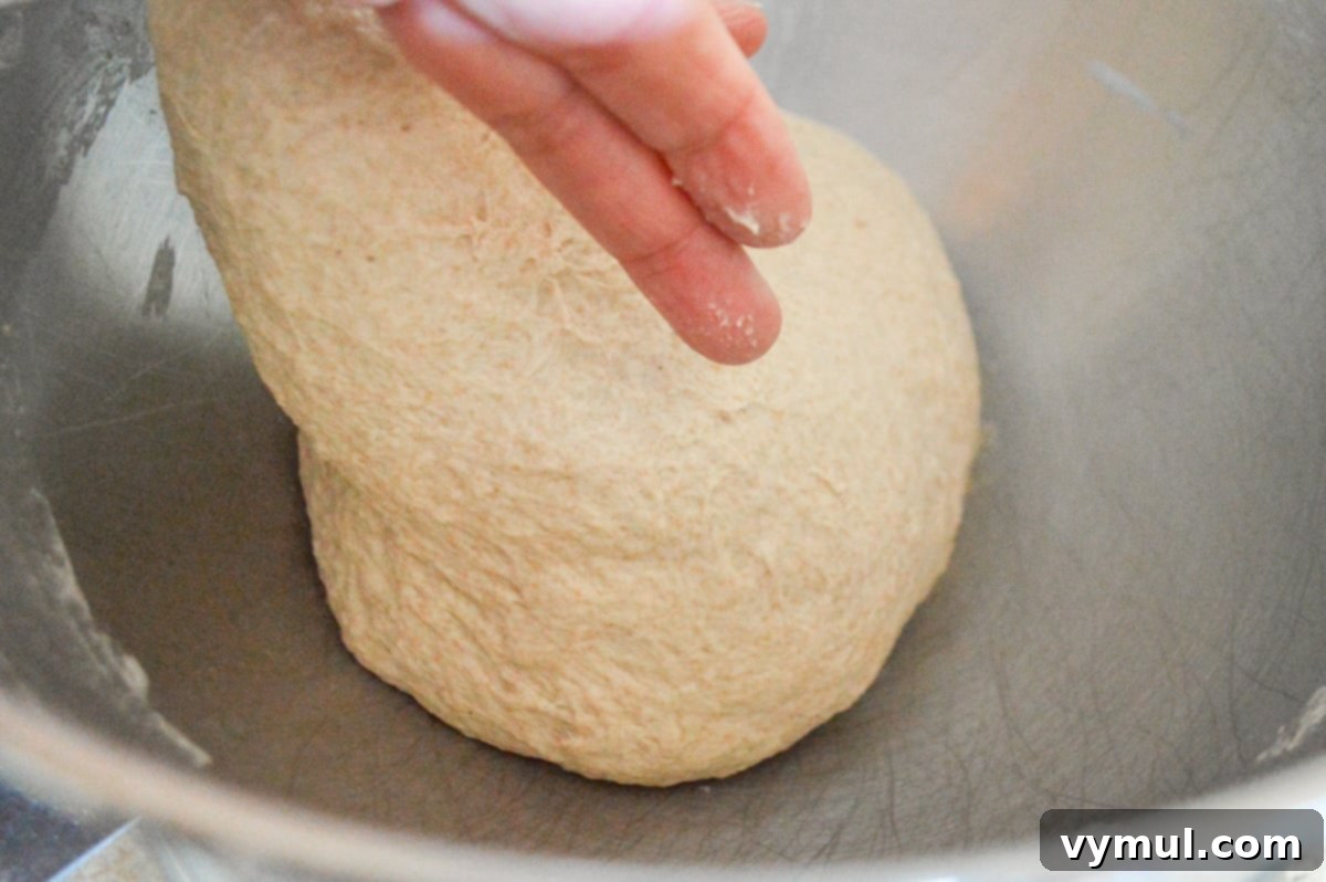 The One-Day Sourdough Secret: Artisan Bread Made Simple 5 finger testing the sourdough bread dough in mixer, showing slight tackiness