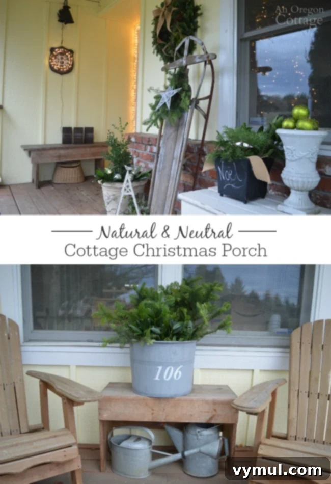Earthy & Elegant Christmas Porch 2 Create a Natural and Neutral Christmas Porch with decor from your yard, lights, ornaments and burlap ribbon.