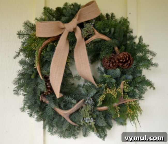 Earthy & Elegant Christmas Porch 4 Natural and neutral Christmas porch wreath with antlers and burlap bow