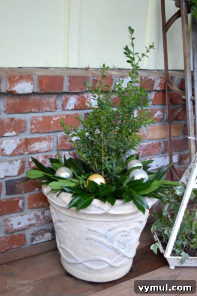 Earthy & Elegant Christmas Porch 6 Christmas Porch simple planter with boxwood, laurel leaves and ornaments