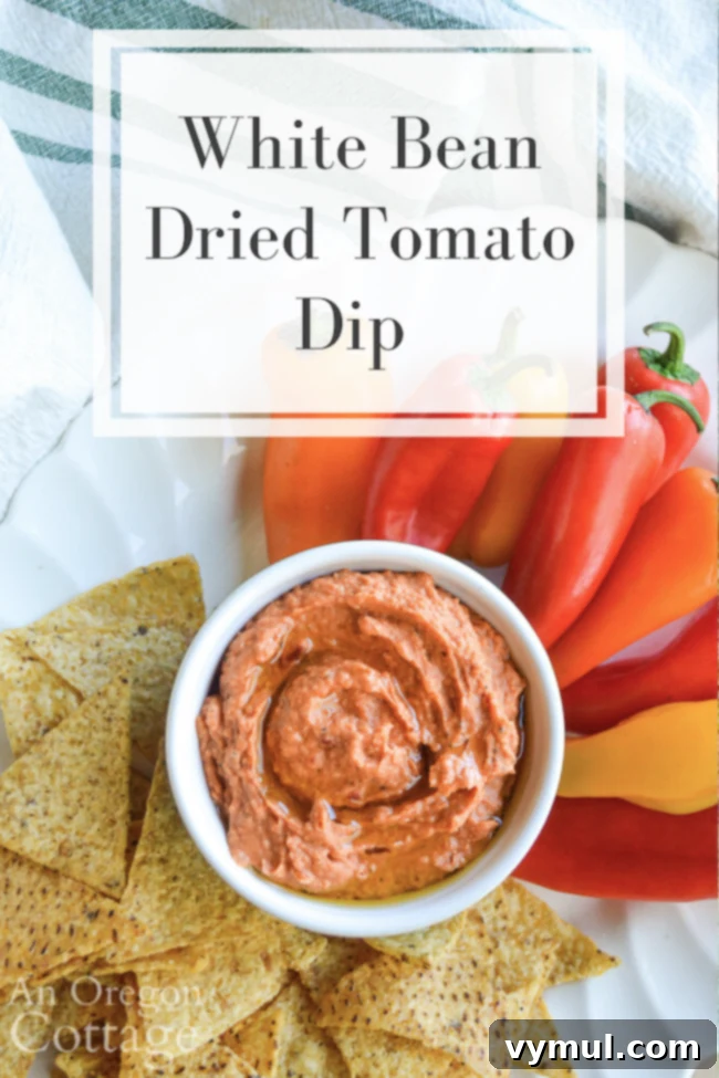 Healthy vegan white bean dip with dried tomatoes and garlic, served with crackers and vegetables.