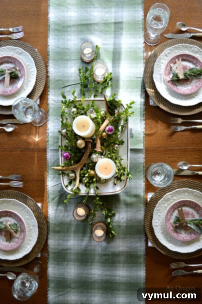 Green Plaid Rustic Christmas Table from above
