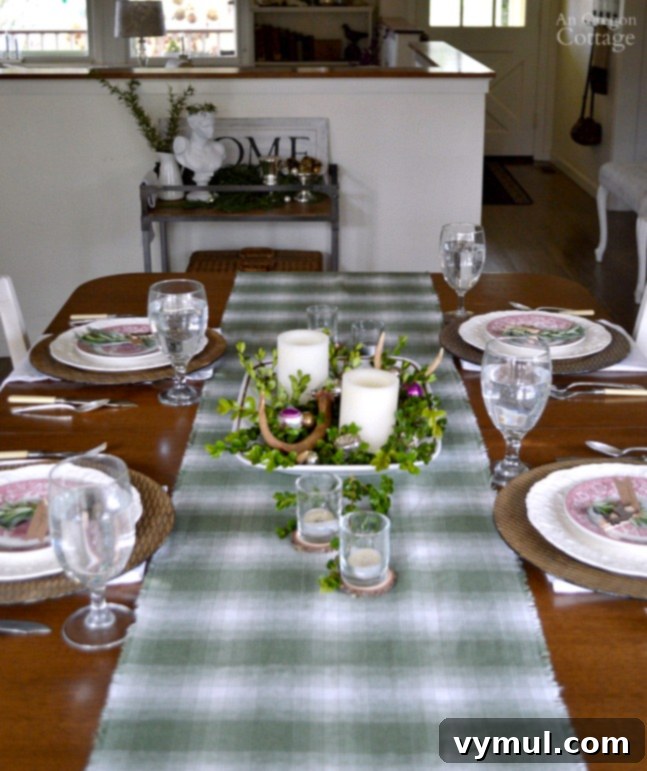 Green Plaid-Rustic Christmas Table with red transferware