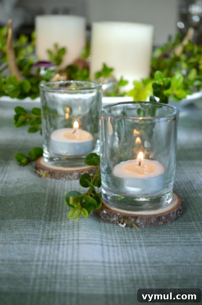 Green Plaid-Rustic Christmas Table wood slice candle holders