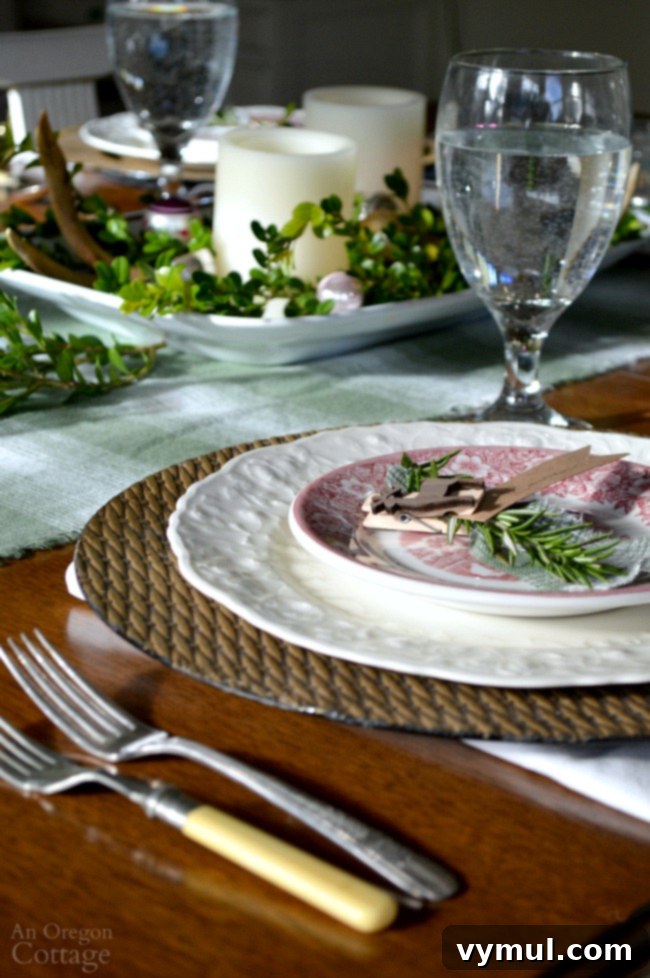 Green Plaid-Rustic Christmas Table place setting and centerpiece