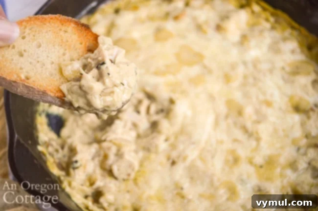 Ultimate Cheesy Chicken Artichoke Skillet Dip 5 Serving Cheesy Chicken Artichoke Skillet Dip on toasted bread