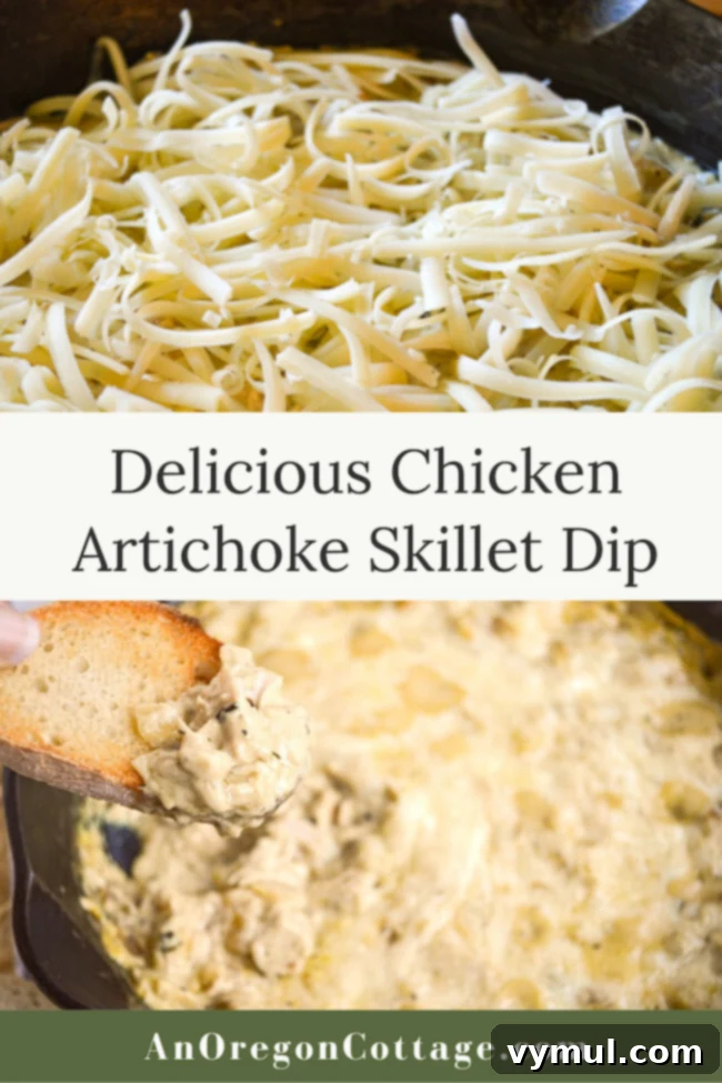 Ultimate Cheesy Chicken Artichoke Skillet Dip 9 Close up of a bubbling cast iron skillet with cheesy chicken artichoke dip