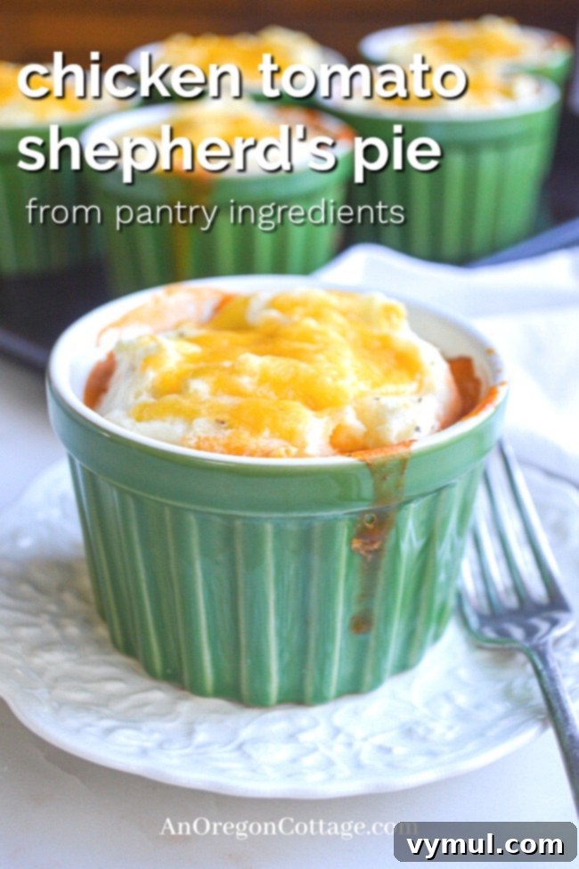 Hearty Chicken & Tomato Shepherd's Pie 2 Savory Chicken Tomato Shepherd's Pie served in an individual ramekin, perfect for using leftover chicken and pantry staples.