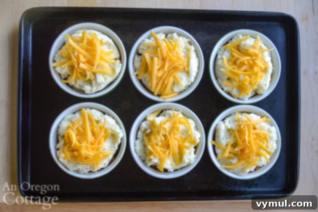 Hearty Chicken & Tomato Shepherd's Pie 6 Chicken Tomato Shepherd's Pie in ramekins, topped with mashed potatoes and cheese, ready to be baked in the oven.