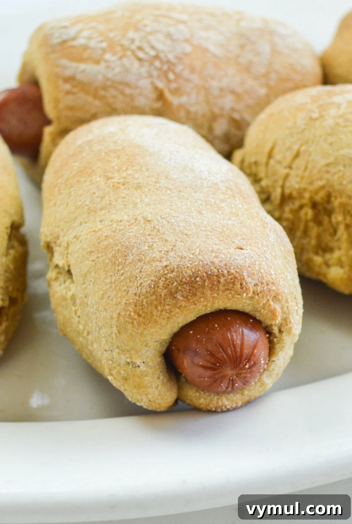 Easy 1-Hour Homemade Pigs In a Blanket 2 Pigs in a blanket served on a white platter, showcasing golden-brown, fluffy dough wrapped around savory hot dogs, perfect for a family meal or party.