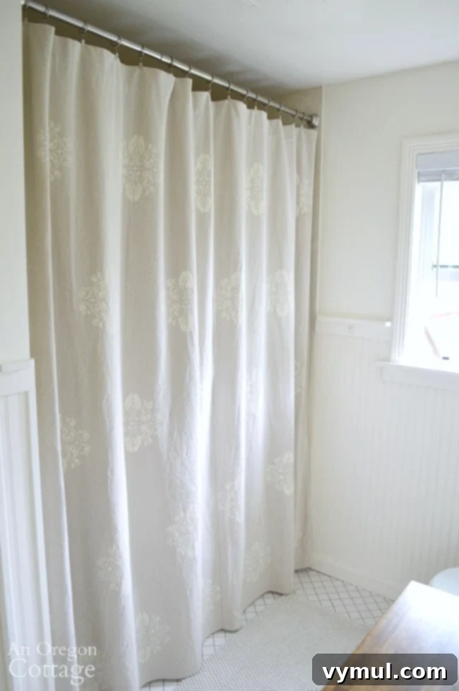 Stencil Your Own Designer Drop Cloth Shower Curtain 3 Easy DIY Stenciled Drop Cloth Shower Curtain project