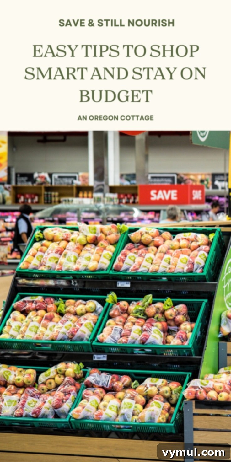 Grocery Savings Secrets Shop Wisely Spend Less 5 Pinterest image with text 'Grocery Shopping Tips' and a picture of a full grocery cart of fresh, healthy food.