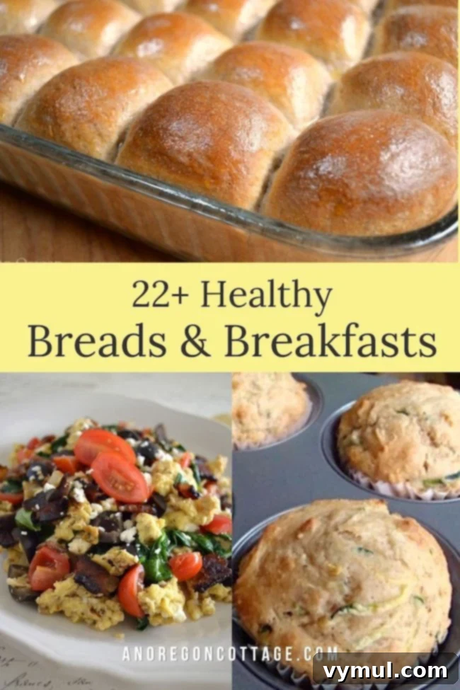 Healthy bread and breakfast recipes featured pin, showcasing various homemade breads and breakfast dishes
