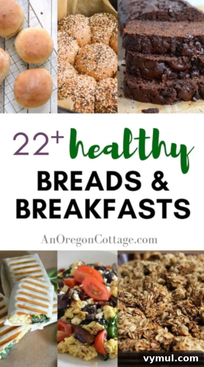 Long healthy breads and breakfast pin image, featuring an array of baked goods and breakfast plates