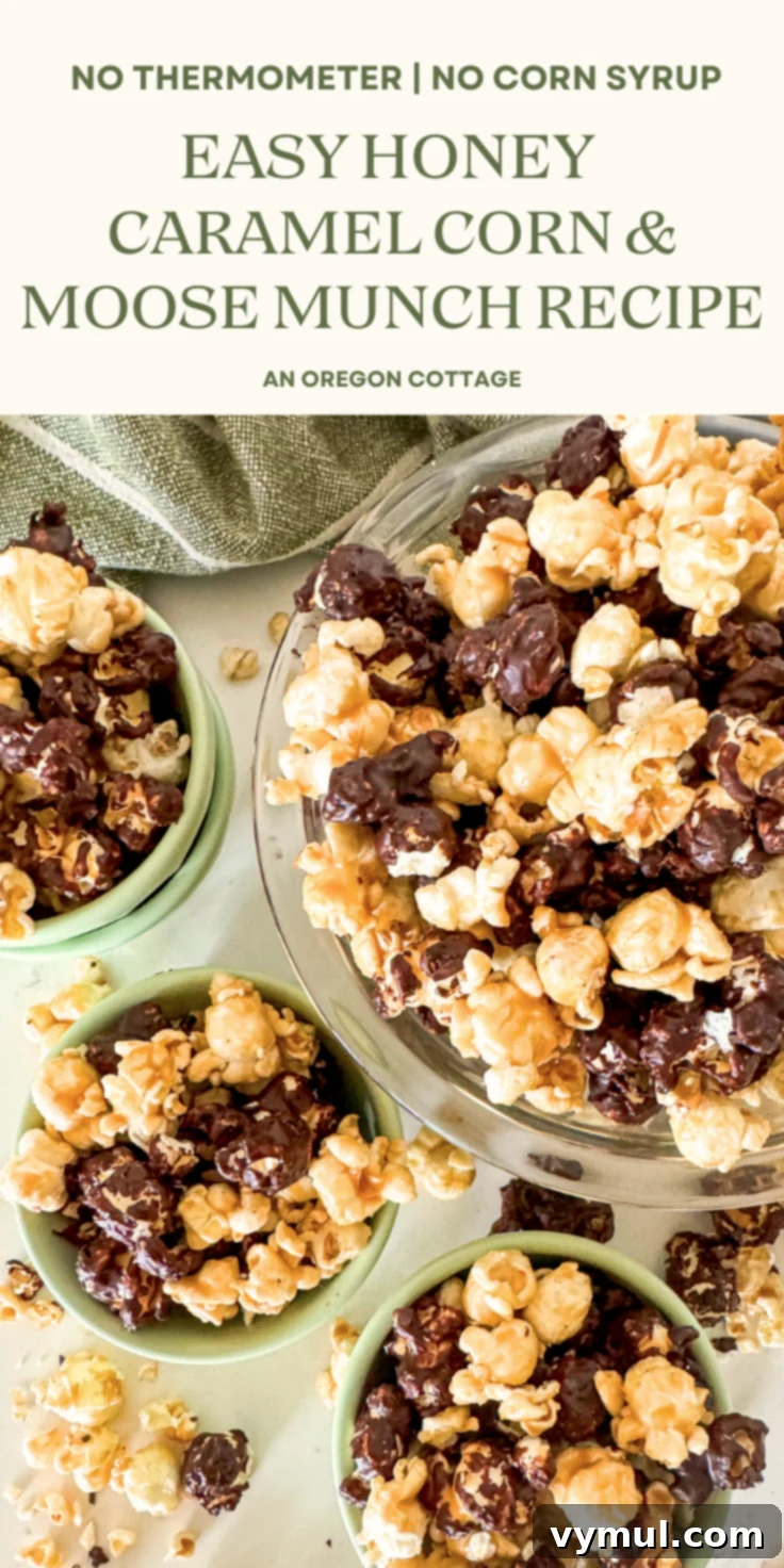Foolproof Moose Munch Caramel Corn No Corn Syrup No Thermometer 16 A stunning Pinterest image featuring homemade honey caramel corn and chocolate Moose Munch, highlighting its ease and no-corn-syrup, no-thermometer method.