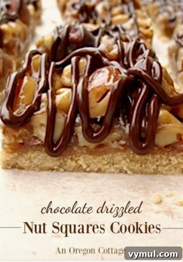 Decadent Chocolate Nut Squares 2 Chocolate drizzled nut squares are mouthwatering bar cookies with a shortbread crust and caramel-nut layer drizzled with semi-sweet chocolate.