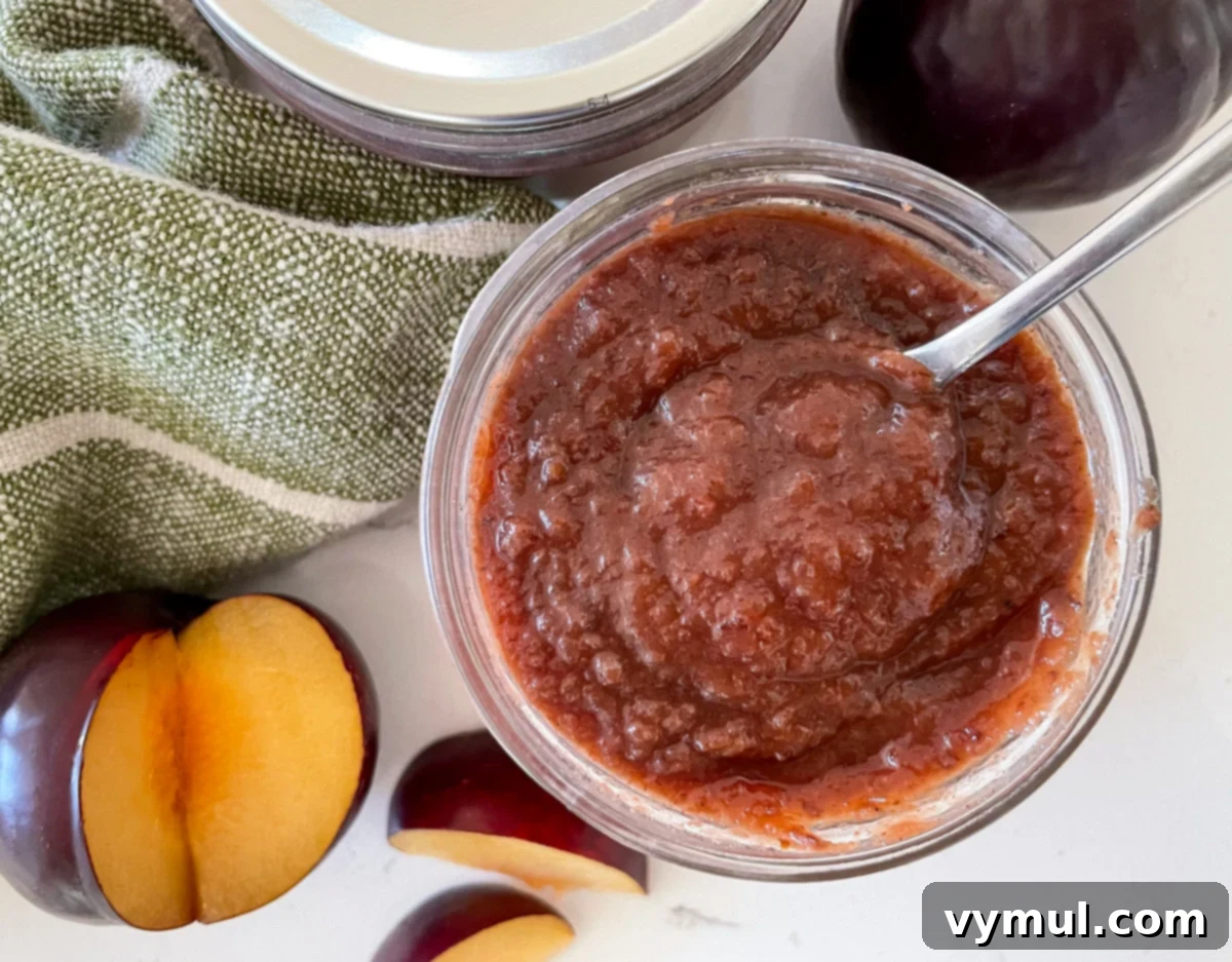 Plum sauce elegantly presented in a glass jar, with a spoon nearby, showcasing its smooth texture