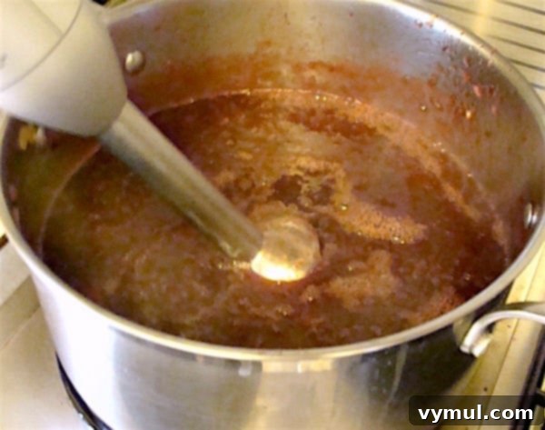 Blending cooked plum sauce directly in the pot with a hand-held immersion blender