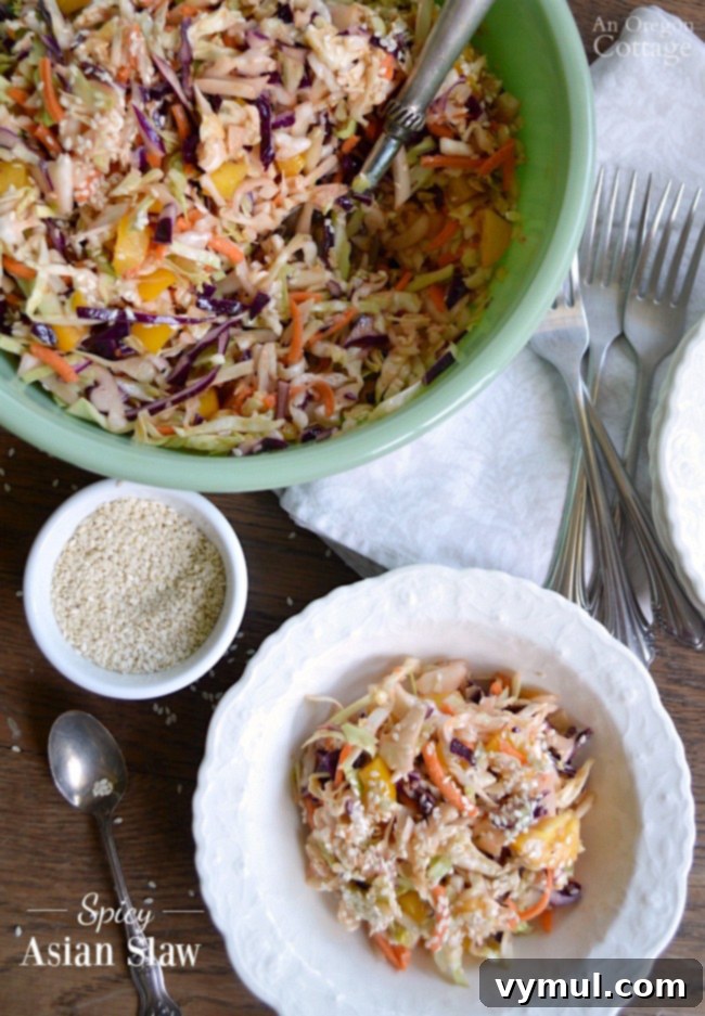 Speedy Spicy Asian Slaw 2 This simple, slightly spicy Asian slaw takes just a few minutes to put together with pantry and fridge ingredients. It's the perfect accompaniment to grilled meats and Asian-flavored dishes - and it disappears quickly at potlucks!
