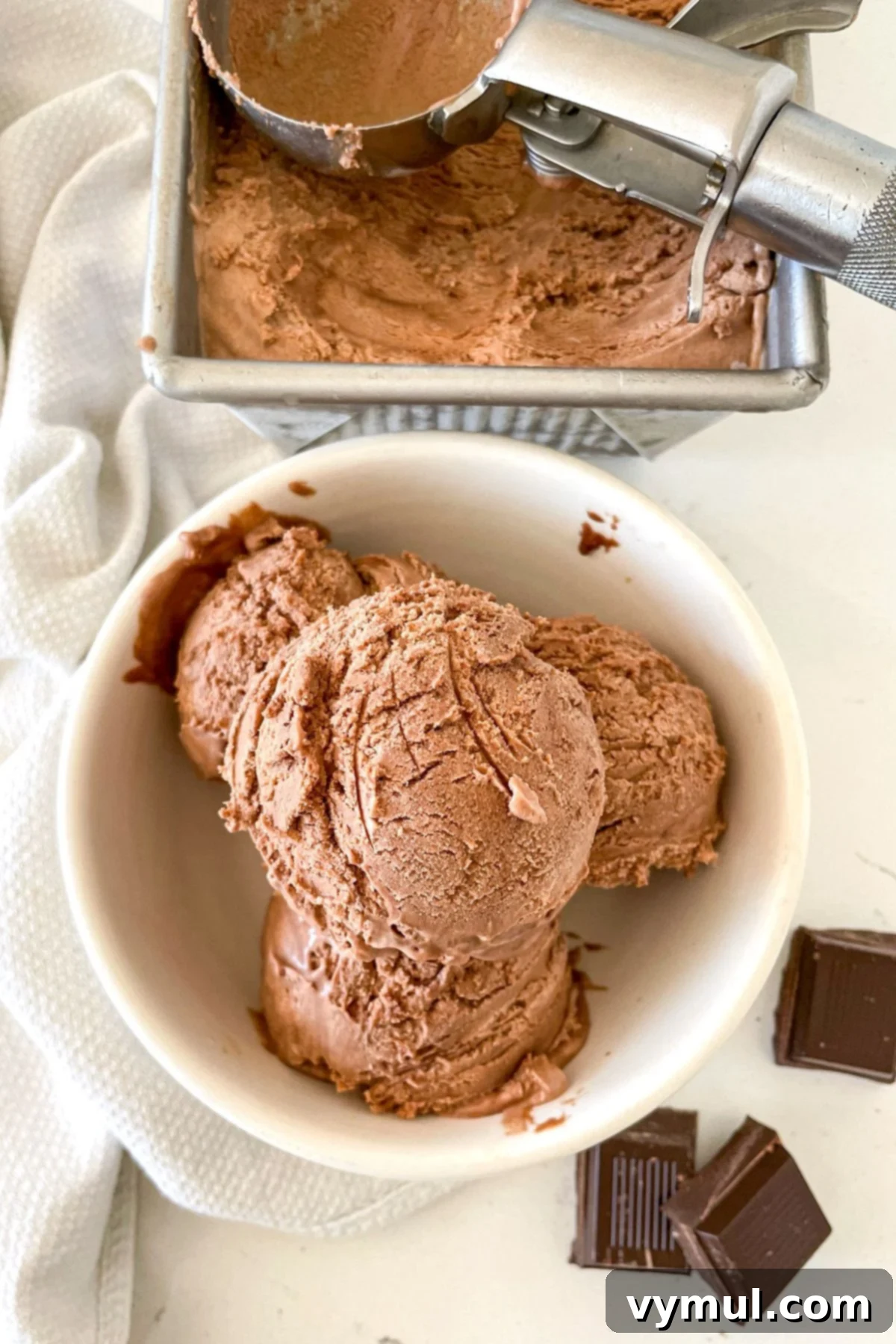 Scoops of rich no-churn chocolate ice cream in a white bowl, ready to be enjoyed.