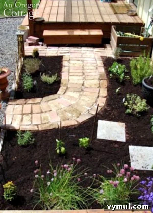 My Herb Garden: A Seasonal Story of Growth and Transformation 6 Kitchen herb garden with brick path and hose management