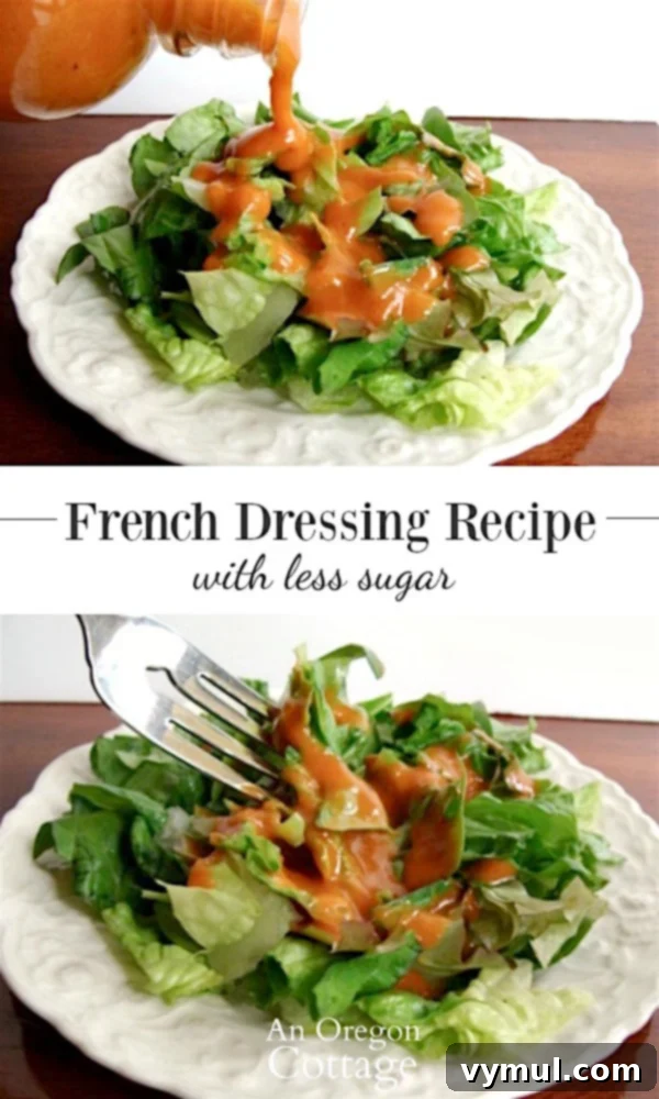 A super easy, lower sugar American-style French dressing for salads that is sweetened with honey and includes fresh onions for a brighter flavor. The dressing is poured over a fresh green salad with tomatoes and olives.