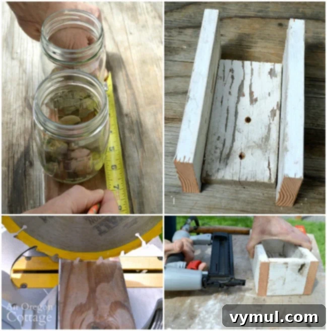 Rustic Reclaimed Wood Planter Featuring Mason Jar Herbs 5 Step-by-step assembly of a reclaimed wood box designed to hold mason jars.