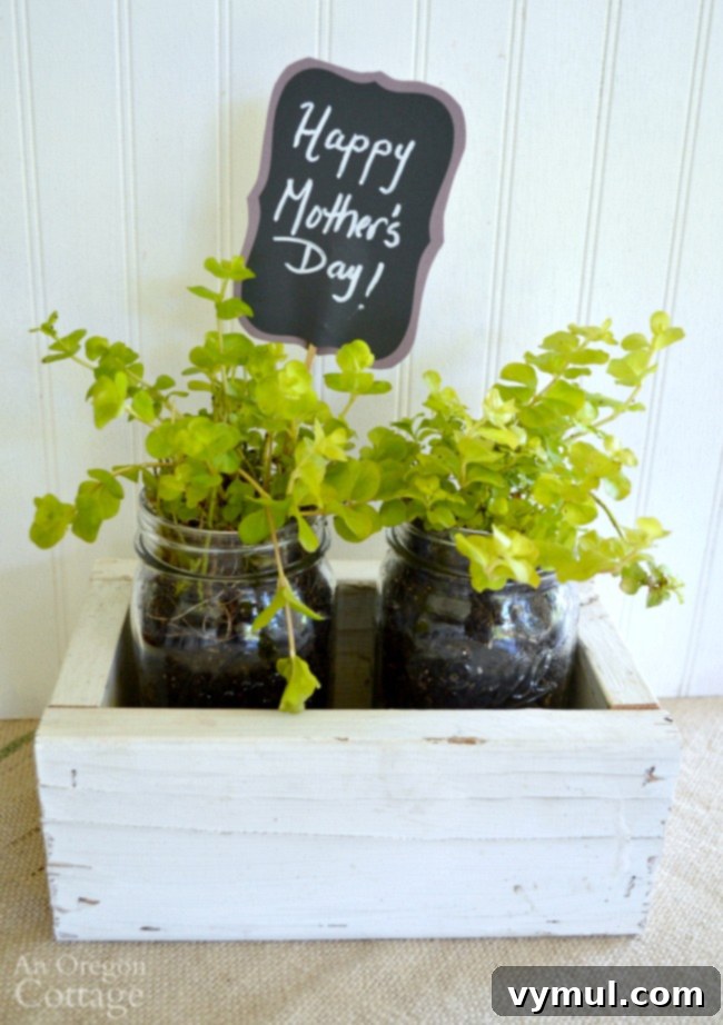 Rustic Reclaimed Wood Planter Featuring Mason Jar Herbs 10 A completed easy reclaimed wood box with mason jar planters and a gift tag, making a perfect thoughtful gift.