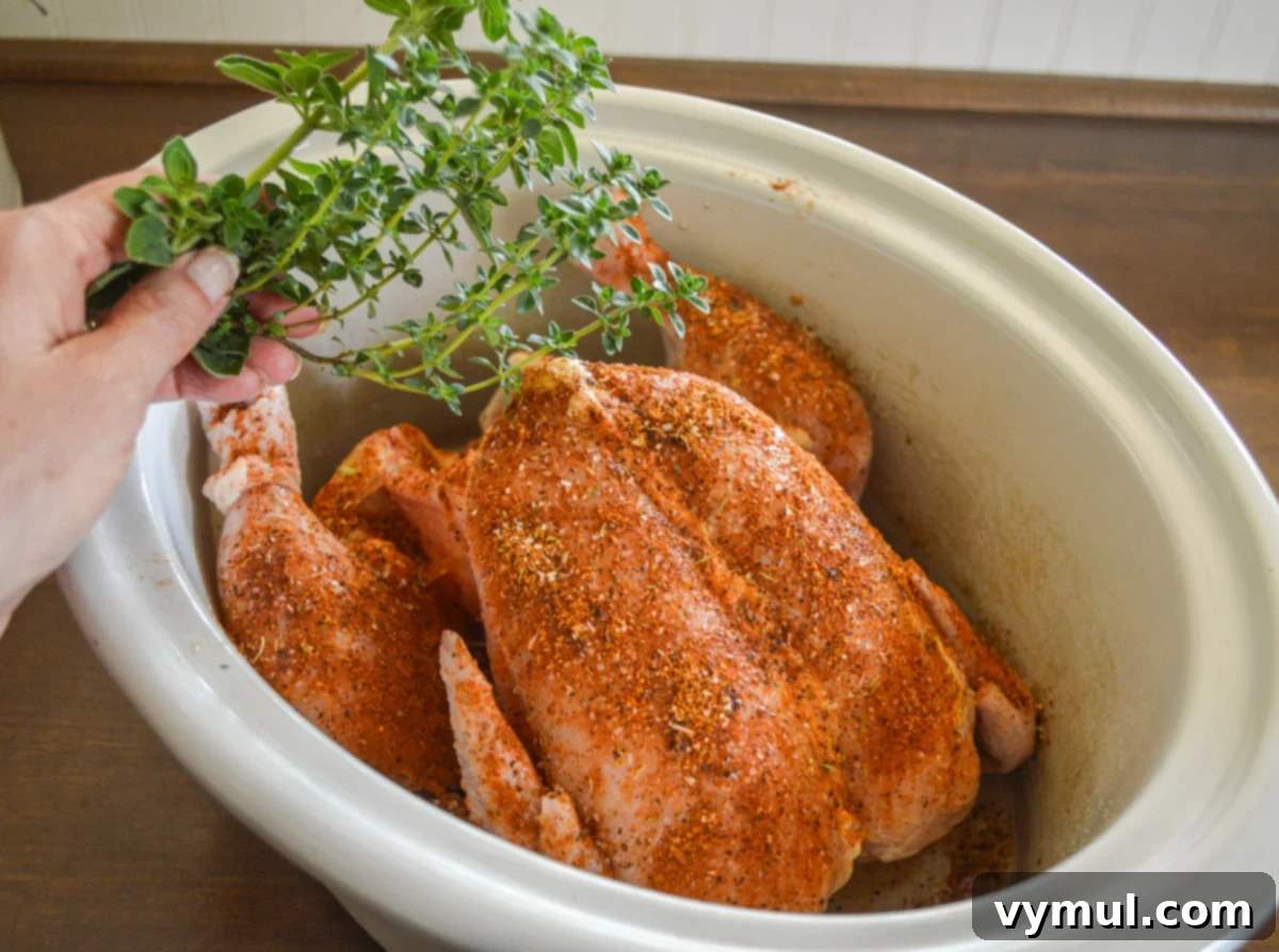 Adding optional fresh herbs to chicken in slow cooker