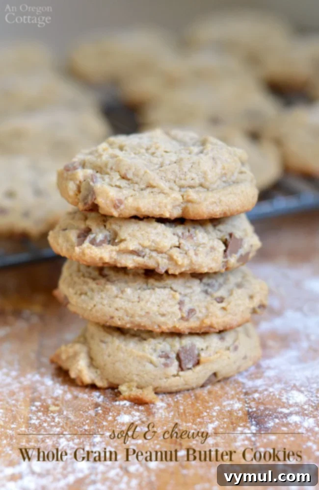 Soft And Chewy Whole Grain Peanut Butter Cookies- with or without chocolate. These cookies are SO good and make a great snack with milk or dessert with coffee.