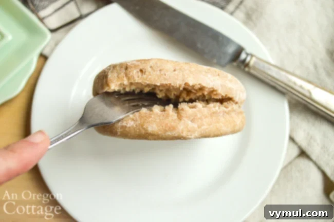 fork split sourdough English muffin