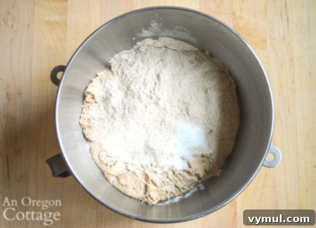 adding sourdough English muffin ingredients to mixing bowl