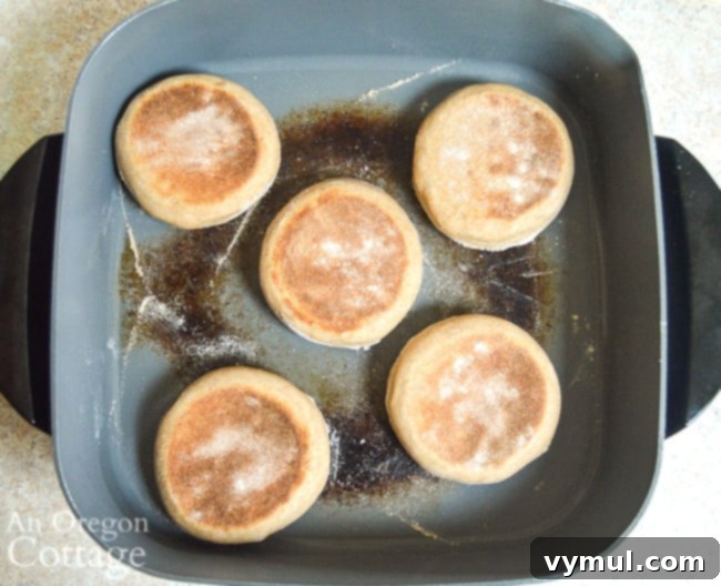 cooking sourdough English muffins-above