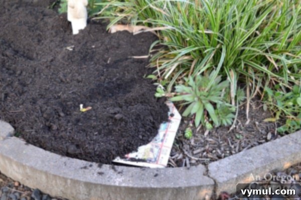 Covering Flower Bed with Paper and Mulch
