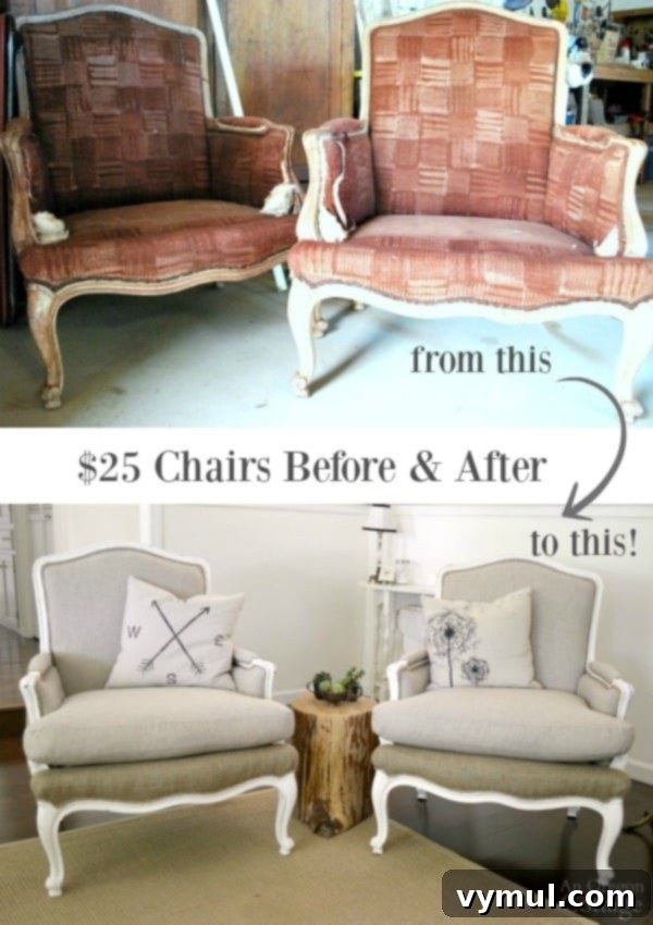 Side-by-side comparison of $25 Craigslist French chairs before and after their DIY upholstery makeover
