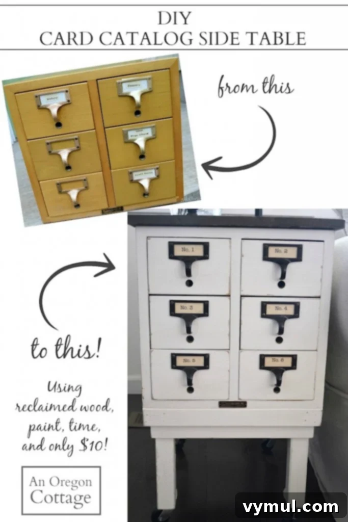 DIY Card Catalog Side Table, showcasing an upcycled old school card catalog